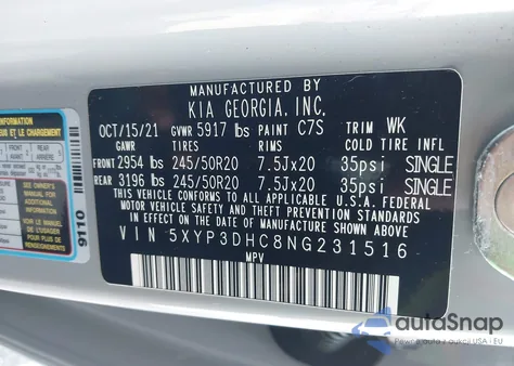 2022 Kia Telluride Ex z USA, uszkodzony, nr VIN 5XYP3DHC8NG231516